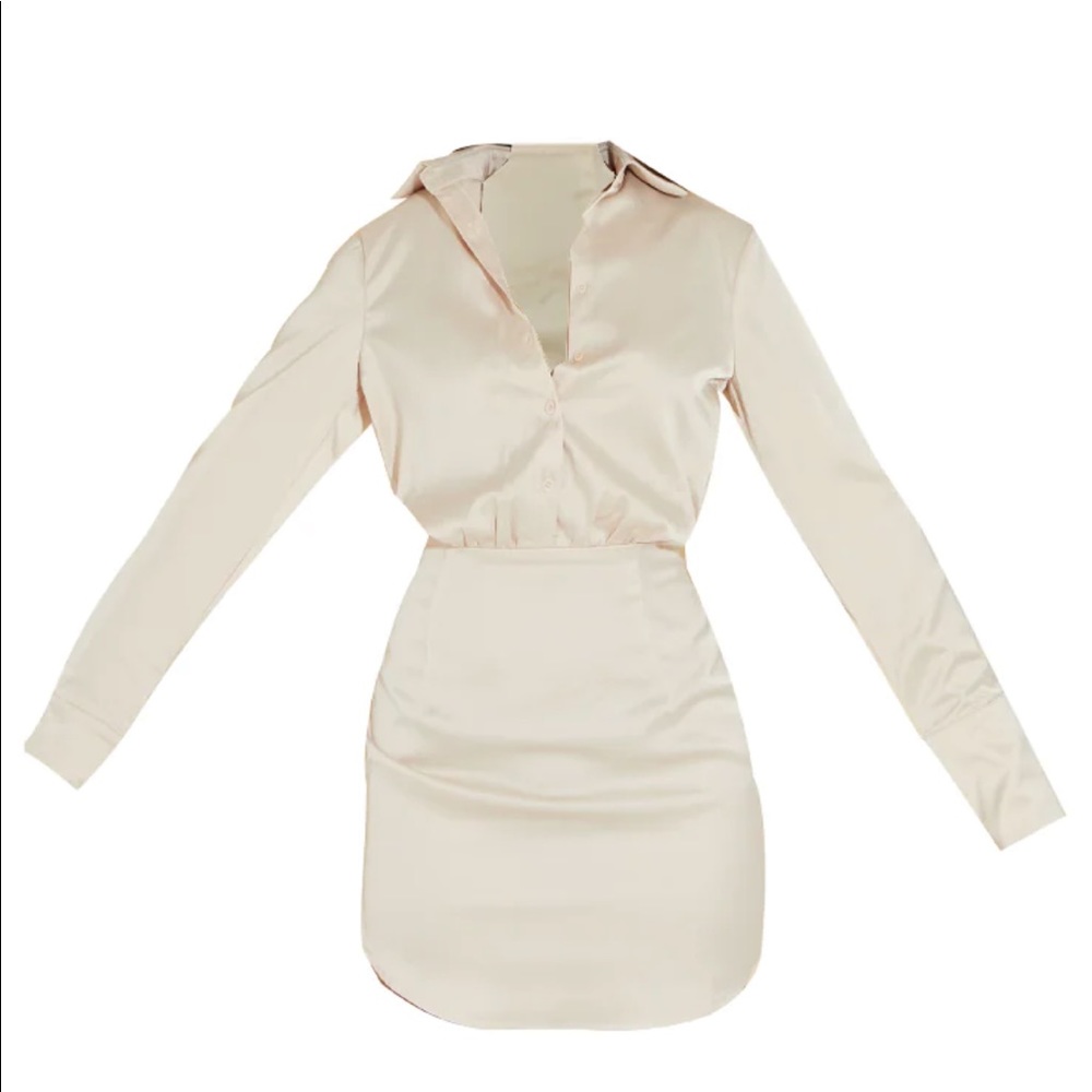 Champagne Satin Fitted Skirt Shirt Dress